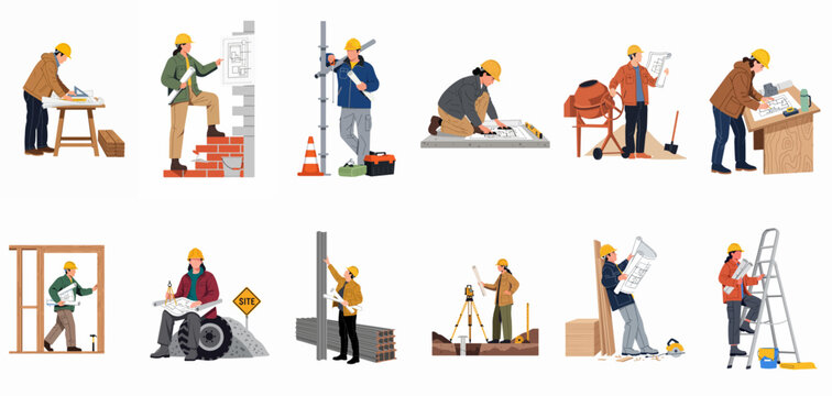 Set of construction workers and architects in various building site scenarios, featuring blueprints, tools, and professional safety equipment in a flat illustration style.