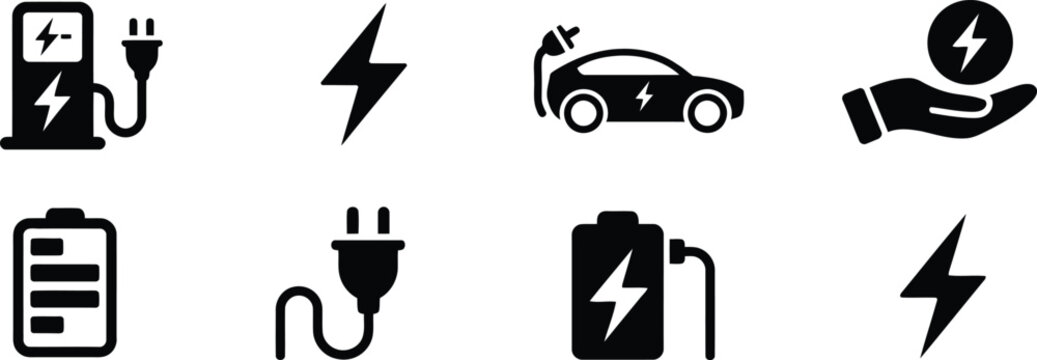 Electric vehicle charging infrastructure and power symbols a collection of black glyph icons