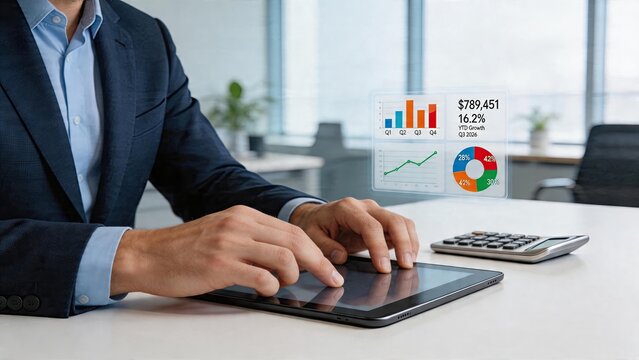 Businessman using tablet digital hologram financial growth chart future office technology concept modern corporate workspace with calculator and data analytics dashboard