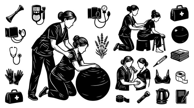 Black  White Line Art of Medical Professionals Assisting Pregnant Women