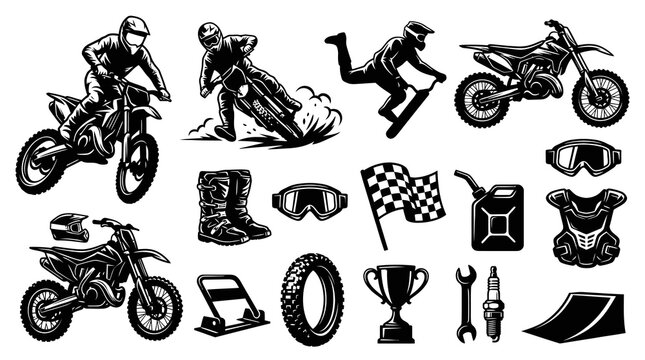 Motocross Racing Black and White Vector Set of Dirt Bikes, Riders, Gear, and Race Elements