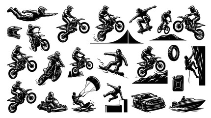 Naklejka premium Action and Extreme Sports Activities Vector Illustration Set in Black White Line Art Style