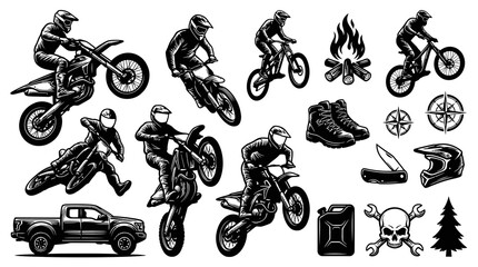 Obraz premium Off-Road Motorsports Outdoor Adventure Vector Set: Dirt Bikes, Mountain Bikes, Helmets, Boots, Gear - BW Line Art