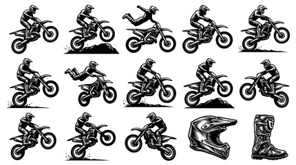 Naklejka premium Motocross Extreme Sport Riders on Dirt Bikes, Helmet Boot in Black and White Engraving Line Art