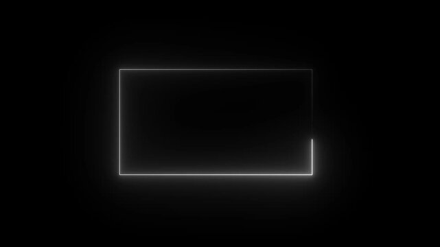 Minimalist white neon glowing rectangular frame animation on black background, for overlay rectangle border