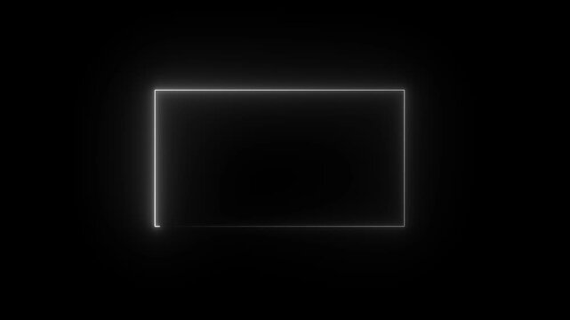 Minimalist white neon glowing rectangular frame animation on black background, abstract light border overlay
