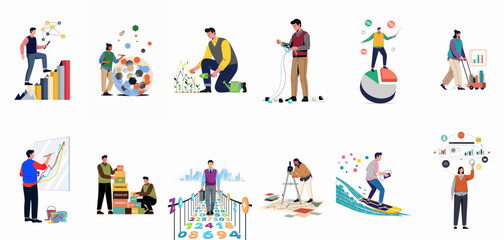 Fototapeta premium Collection of creative vector illustrations depicting people interacting with data, analytics, statistics, and business concepts in various metaphorical and conceptual scenarios.