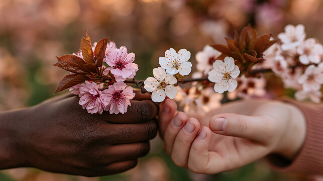 Two sets of adult hands holding a single blossoming branch between them, different skin tones, spring orchard backdrop, golden hour warming the petals between their fingers, ideal for anniversary tr