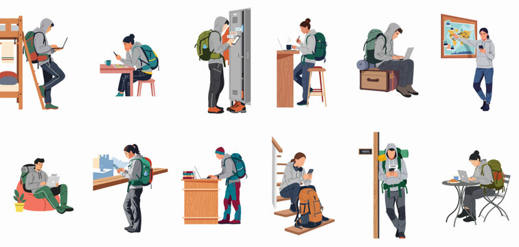 Flat vector illustration set of digital nomads and backpackers working remotely with laptops and smartphones in various travel and hostel environments.