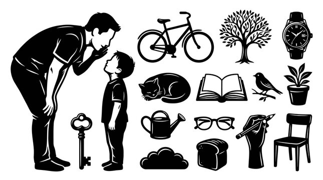 Black and White Glyph Vector Art: Family Childhood Education and Lifestyle Concept Collection