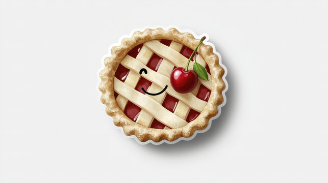 Cute cherry pie with smiling face and cherry on top, perfect for stickers and decorations