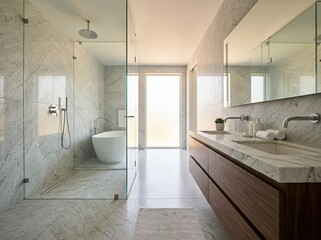 Fototapeta premium Luxury Ensuite with Freestanding Bath and Walk-in Marble Shower