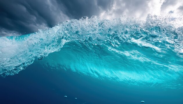 A powerful ocean wave crashes with vivid blue water under a dramatic cloudy sky, capturing the dynamic energy of the sea.