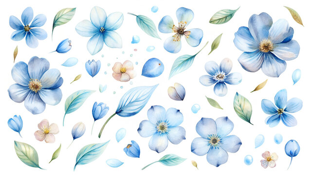 set of watercolor petals isolated on the white background falling gracefully create a spring blossom template with delicate blue light flowers and soft romantic floral patterns