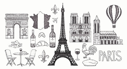 Parisian symbols and landmarks drawn in black and white for a classic and elegant representation of France's capital city, perfect for travel and cultural themes © wkwkwkwk