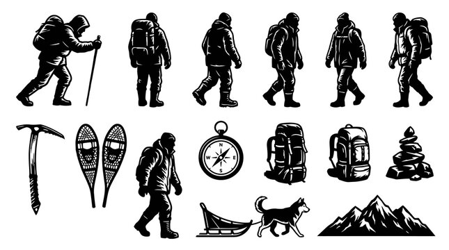 Outdoor Adventure Mountaineering Gear and Hikers Black and White Vector Set in Vintage Engraving Style