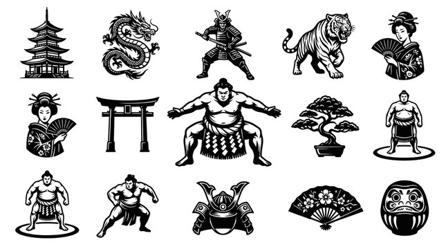 Black and White Line Art Vector Illustration Set of Traditional Japanese Culture Symbols and Icons