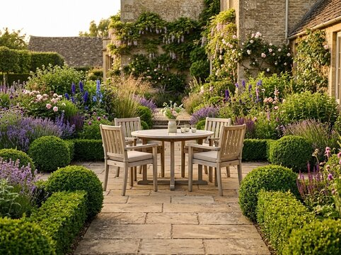 Classic English Garden Terrace with York Stone and Clipped Box Hedging