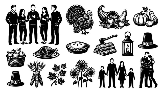 Thanksgiving Icons Set Black and White Line Art Food Symbols