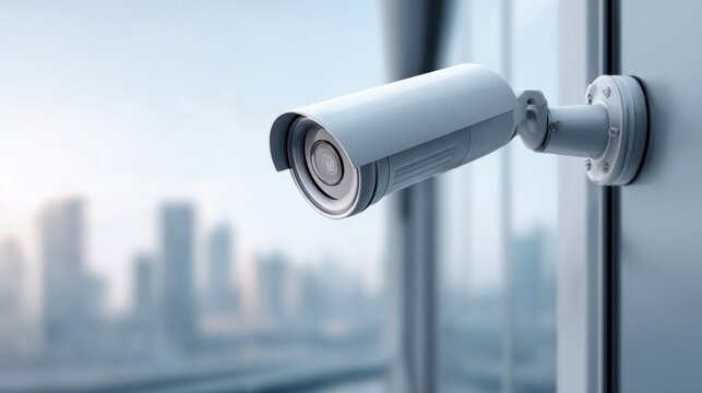 Modern security camera mounted on a building exterior overlooking a city skyline