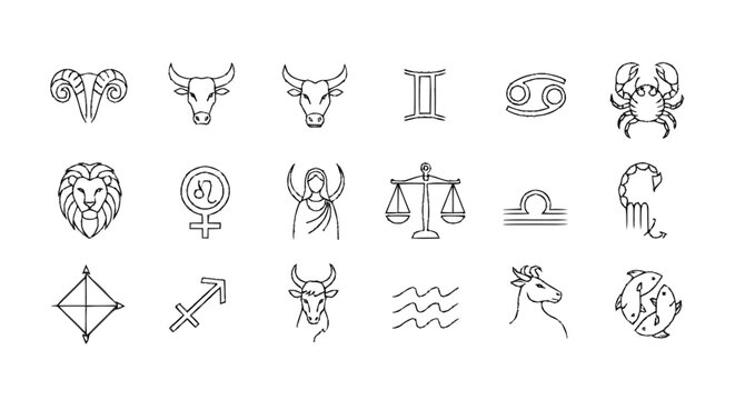 Detailed outline vector icons showcasing all twelve astrological zodiac signs, along with cosmic and horoscope symbols, presented in a clean and elegant line art style for celestial themes