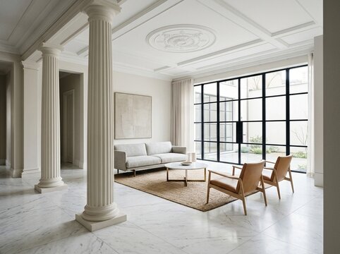 Neoclassical Architectural Detail with Fluted Column and Marble Floor