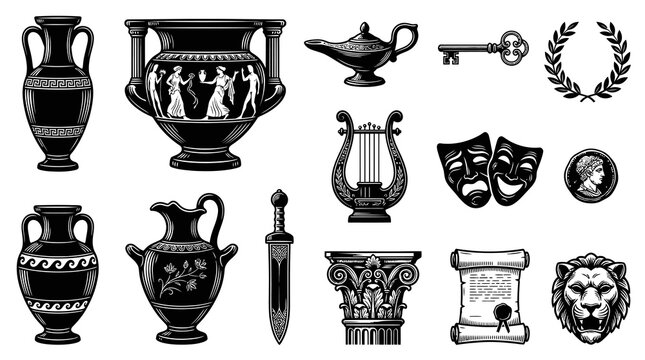 Ancient Greek Culture Icons: Vases, Lyre, Masks, Key, Laurel Wreath, Lion, Scroll, Column - BW Vector Art