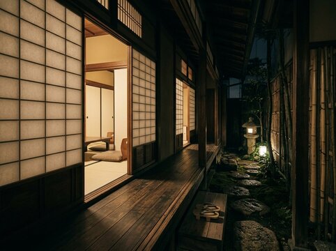 Traditional Japanese Machiya Townhouse Interior with Engawa Corridor