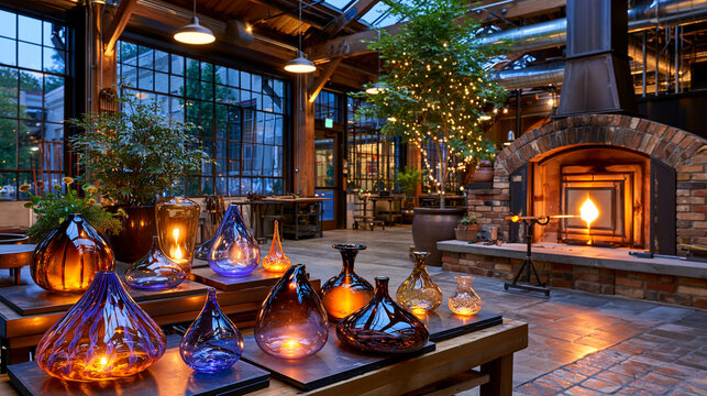 Glassblowing studio interior at blue hour, finished vessels glowing on cooling shelves, the furnace mouth still radiating deep amber into the darkening space, ideal for artisan studio, glass art atm