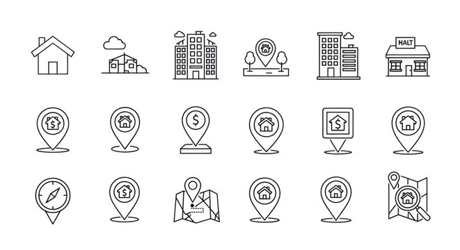 Real Estate Icons: Houses, Buildings, Map Pins, Location Markers, Compass, Map