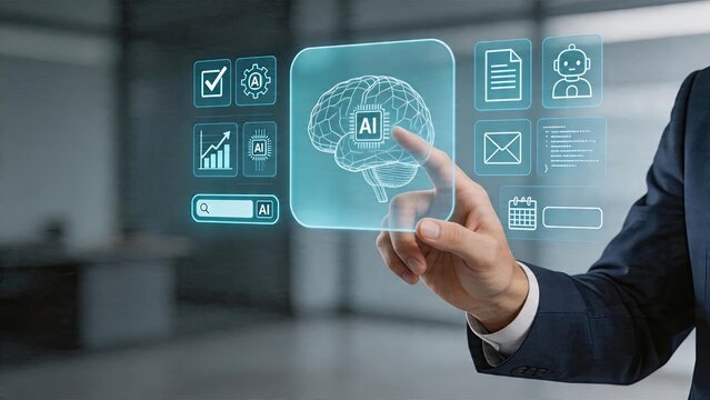 Businessman interacting with digital interface displaying artificial intelligence brain concept modern technology innovation smart device machine learning big data processing