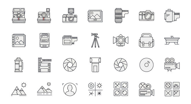 Photography Icons Set: Cameras, Lenses, Film, Tripod, Editing Tools, Vintage & Modern