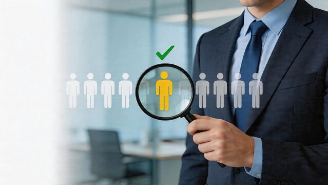 Businessman holding magnifying glass inspecting digital human icons selecting employee in office recruitment process screening candidates finding talent hiring strategy