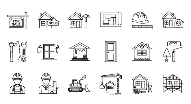Construction and Real Estate Icons: House, Tools, Blueprint, Helmet, Crane, Workers