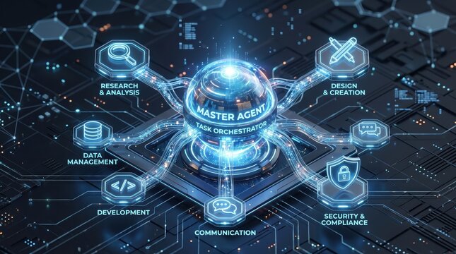 Master agi task orchestration concept with futuristic blue circuitry and icons on dark background