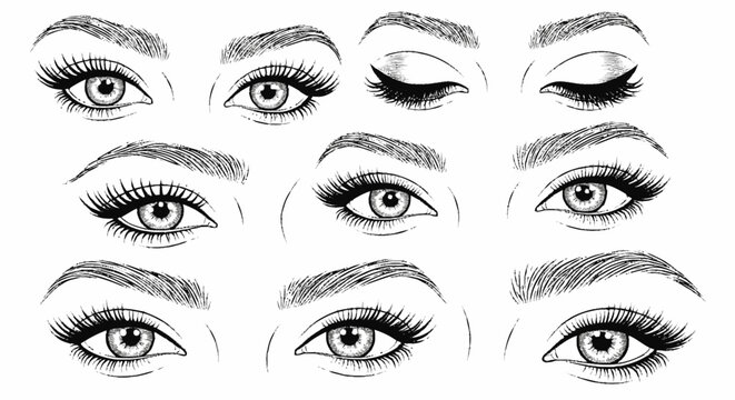 Elegant hand-drawn collection showcasing diverse female eye and eyebrow styles, featuring various lash designs and expressive gazes, perfect for beauty, makeup, and fashion projects