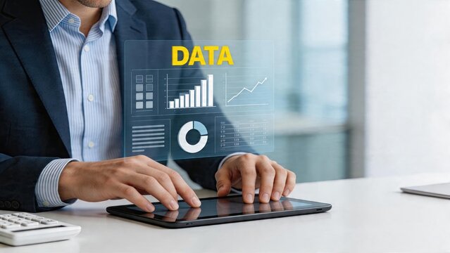 Businessman using tablet digital data hologram interface financial analytics dashboard bar chart growth pie graph statistics modern technology office work future concept display