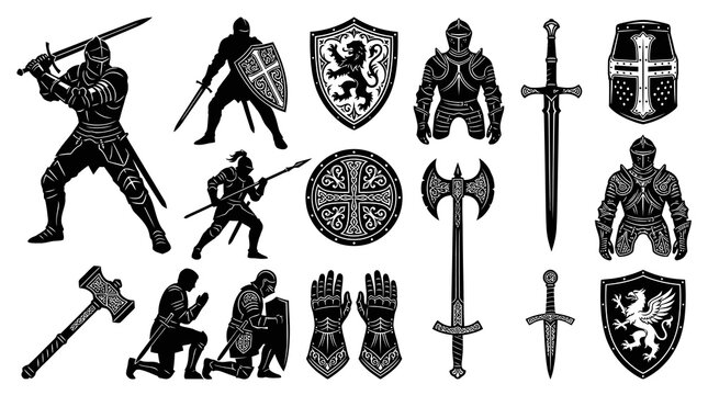 Historical Medieval Knights, Weapons, Armor  Shields - Black  White Line Art Graphic Collection