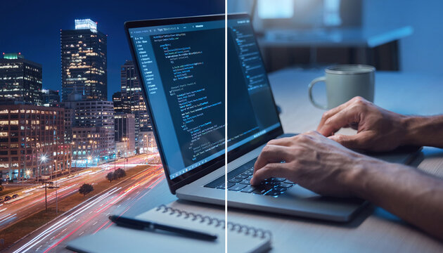 Hands typing code on a laptop juxtaposed with a glowing night cityscape. This splitscreen captures the essence of tech innovation, global connectivity, and the tireless urban workspace.