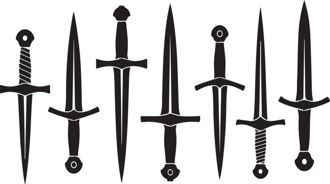 Collection of medieval swords and daggers displayed in a stylized vector silhouette against a white background