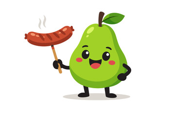 Fototapeta premium Cheerful Anthropomorphic Pear Cartoon Clutching a Skewered Grilled Sausage — Whimsical Flat Vector Sticker of a Smiling Green Fruit Character Enjoying a Barbecue Snack, Isolated on a White Background