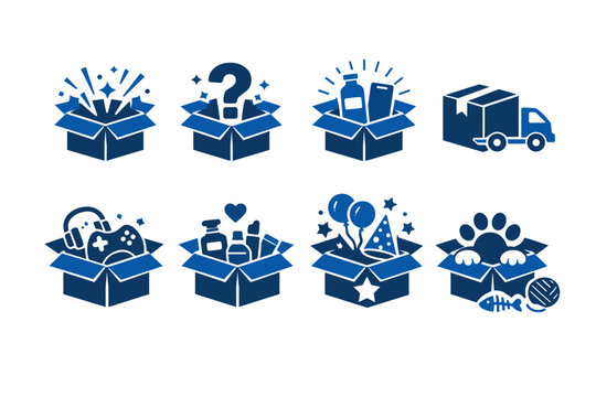Blue and Dark Blue Subscription Box Icon Set Illustrating Unboxing Mystery Gifts, New Product Delivery, Gaming Gear, Beauty Cosmetics, Pet Supplies, Party Celebration, and Food Grocery Services