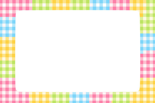 Colorful Gingham Check Vector Border with White Copy Space for Text. Pastel Plaid Pattern Frame Background for Kids, Easter, Summer, Baby Shower, and School Projects. Cute Decorative Design.