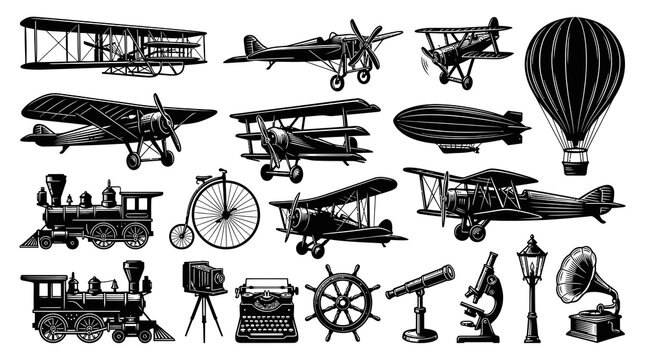 Vintage Travel and Technology Icons: Airplanes, Trains, Blimp, Hot Air Balloon, Retro