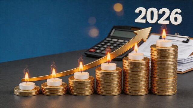 Business finance growth concept with golden coins stacked in ascending order candles lighting up on top upward pointing arrow overlay calculator and document background year 2026