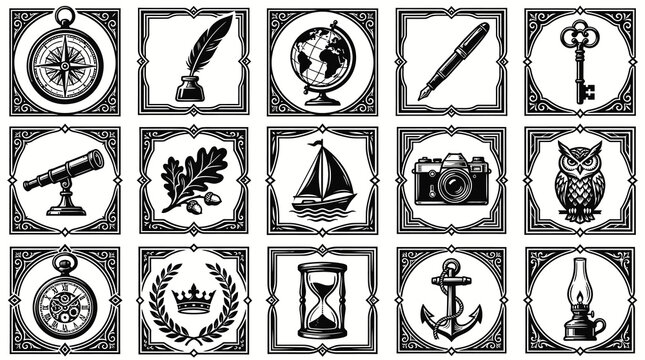 Black and White Icon Set of Vintage Objects in Ornate Frames