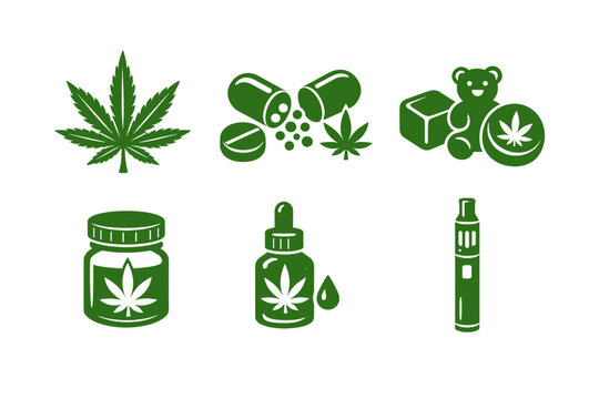 Cannabis Products Icon Set Featuring Marijuana Leaf, Medical Pills, Edible Gummies, CBD Oil Dropper Bottle, Flower Jar, and Vape Pen. Green Flat Vector Icons for Legal Marijuana and Hemp Industry.