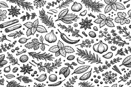 Herbs and Spices Seamless Pattern Vector Illustration. Hand Drawn Aromatic Plants and Food Sketch Background with Rosemary, Basil, Garlic, Chili Pepper, Star Anise, Cinnamon, and Bay Leaves.