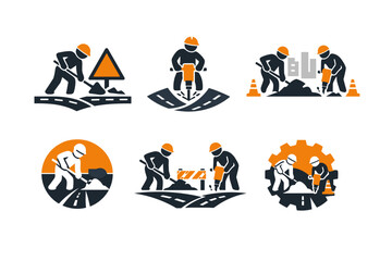 Fototapeta premium Flat icon suite of highway maintenance workers operating pneumatic drills and spades on asphalt, flanked by traffic cones and safety barriers — professional road crew emblems for civil engineering,