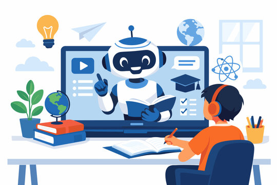 Online Education Concept with AI Robot Tutor Teaching a Young Boy at Home via Laptop, Future of E-Learning and Digital Classroom Illustration for Kids, Artificial Intelligence in Education
